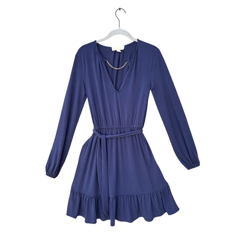 Michael Kors XS Navy Blue Long Sleeve Mini Dress Gold Chain Belted Ruffle - Picture 2 of 14